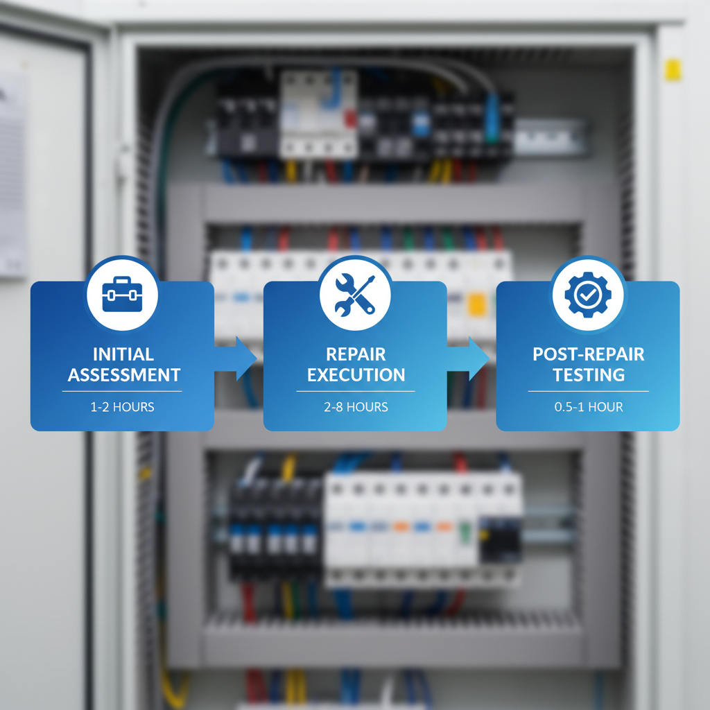 Horizontal process flow diagram illustrating the three stages of electrical repairs: assessment, execution, and testing