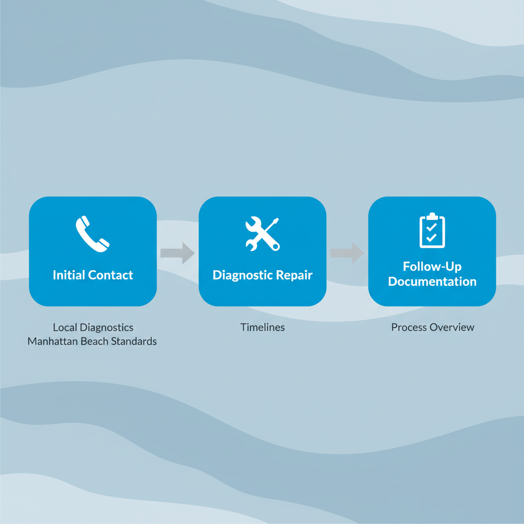 Horizontal process flow diagram of emergency electrical services stages including contact, diagnostics, and follow-up