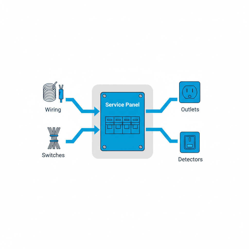 Infographic illustrating key components of residential electrical systems including service panel, wiring, outlets, switches, and smoke detectors.