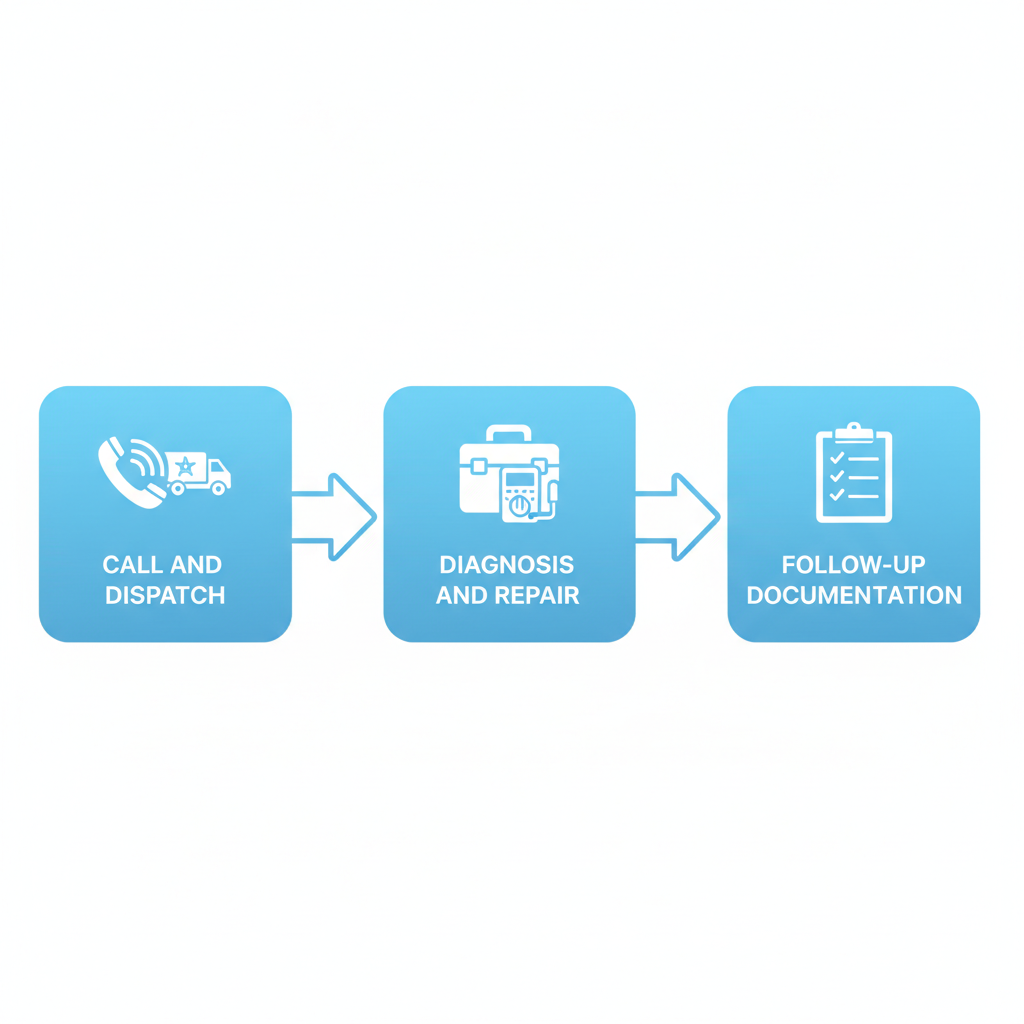 Horizontal process flow diagram illustrating the three stages of emergency electrical services: initial call and dispatch, diagnosis and repair, and follow-up documentation