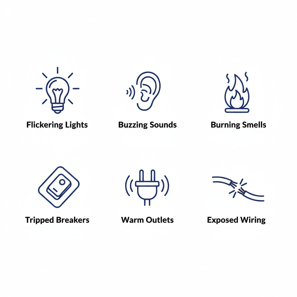 Grid of six line art icons depicting common electrical emergency signs: flickering lights, buzzing sounds, burning smells, tripped breakers, warm outlets, and exposed wiring.