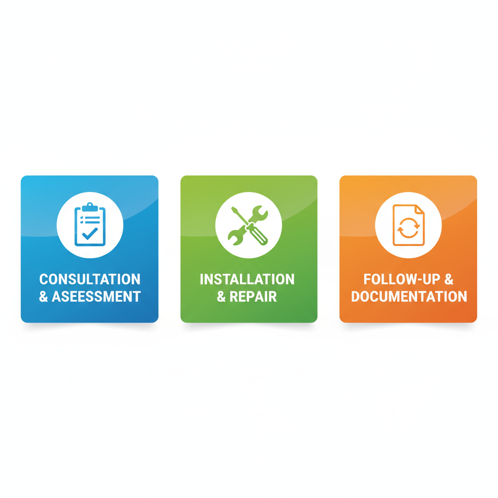 Horizontal process flow diagram illustrating three stages of professional electrical services: consultation, installation, and follow-up