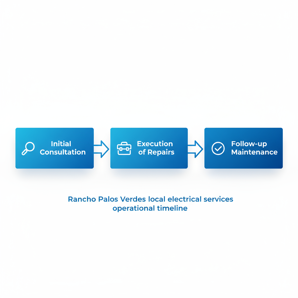 Horizontal process flow diagram illustrating the three main stages of local electrical services: consultation, execution, and follow-up.