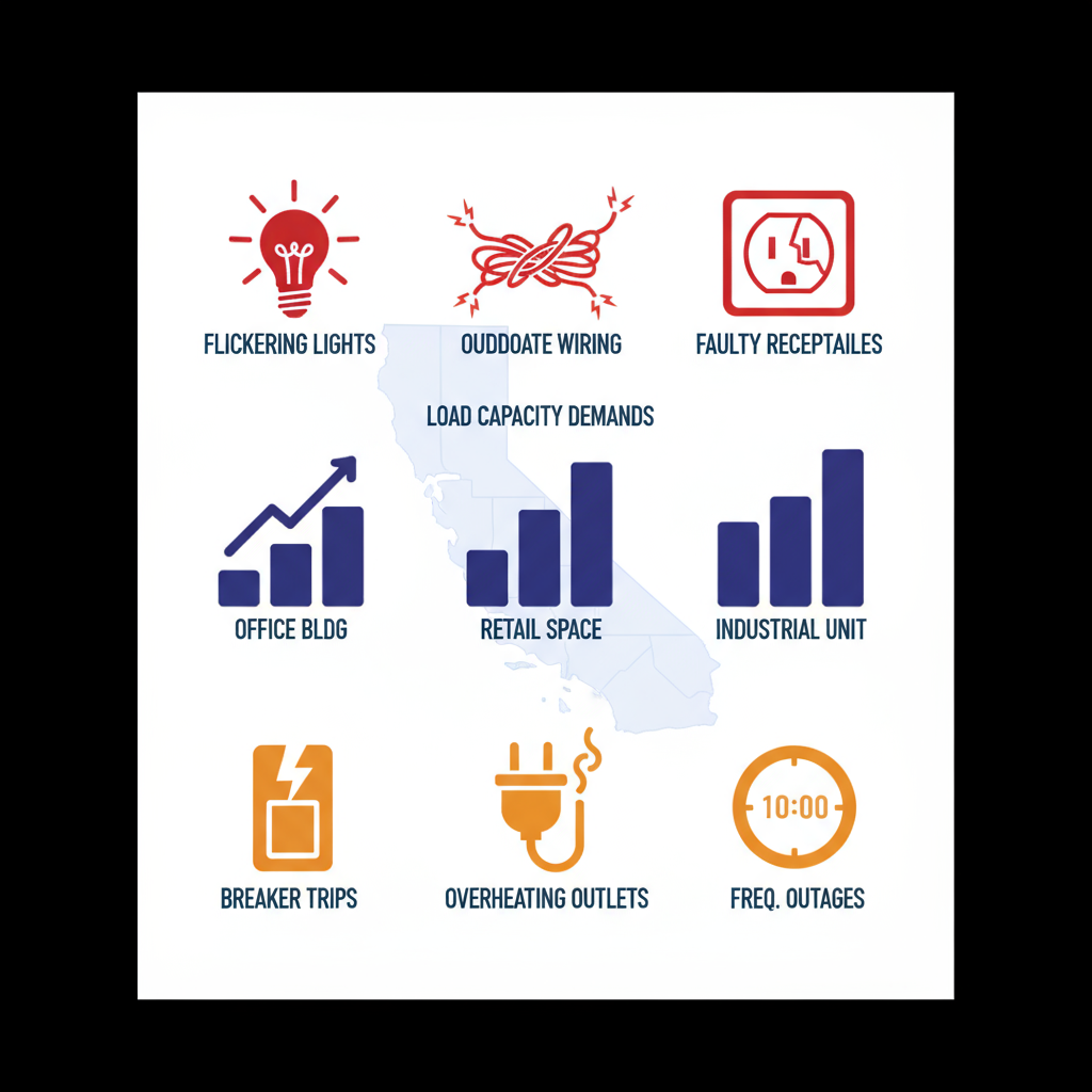 Infographic illustrating electrical issues, commercial needs, and warning signs in Rolling Hills