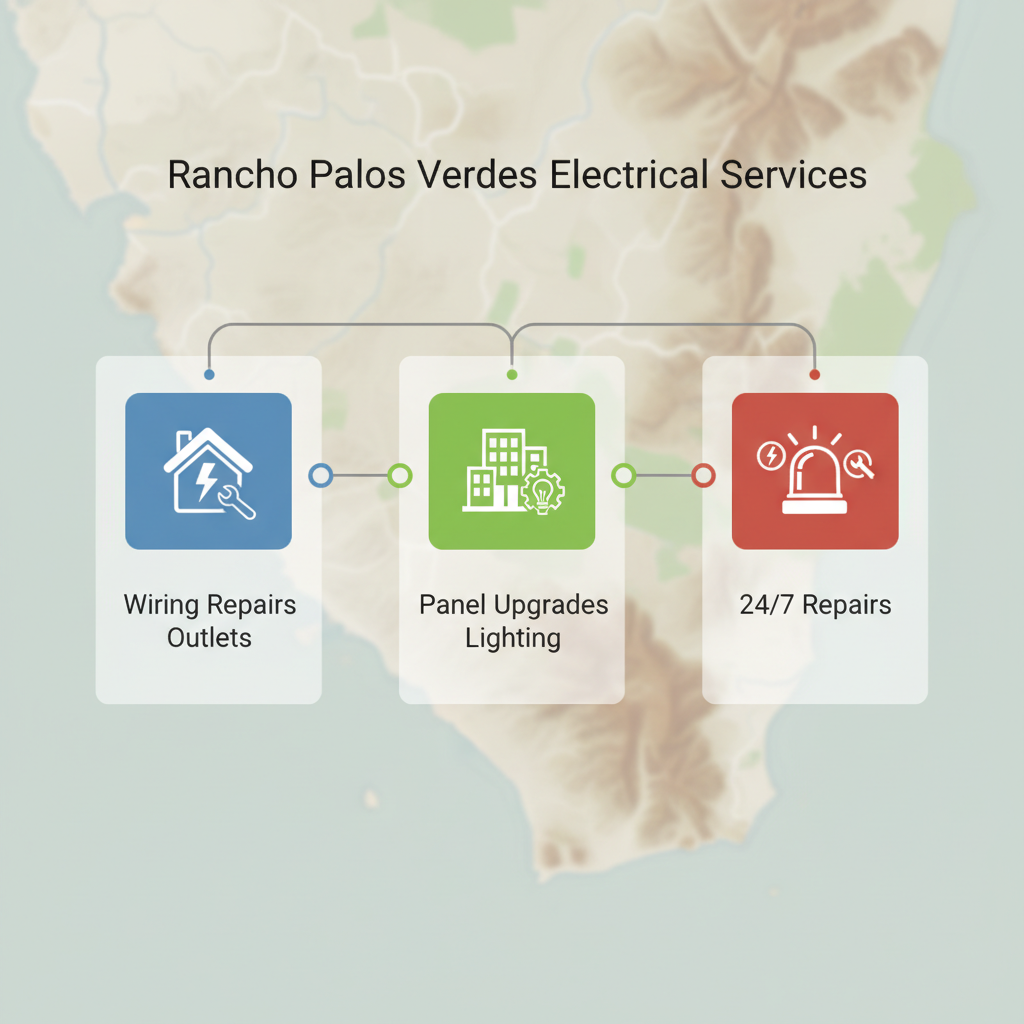 Three-column infographic illustrating residential, commercial, and emergency electrical services in Rancho Palos Verdes with icons and minimal labels in blue, green, and red tones.