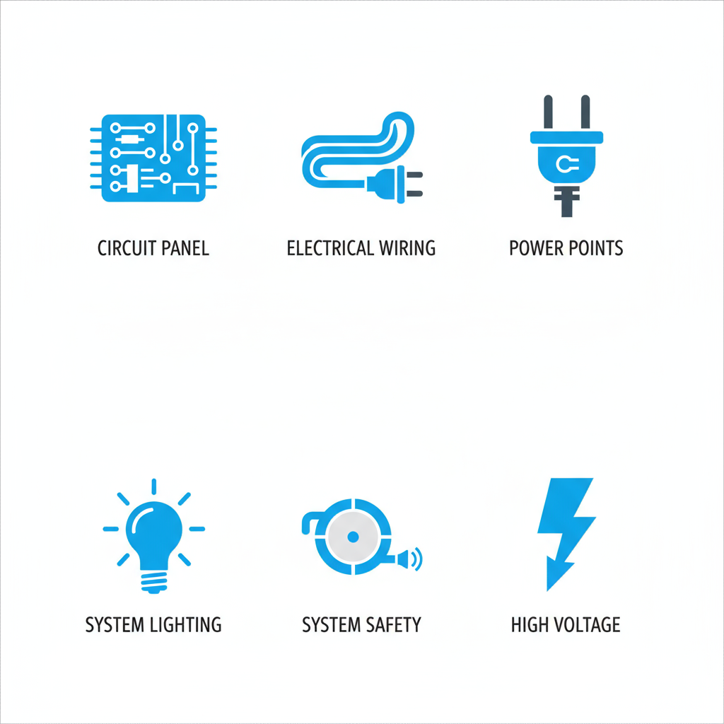 Icons depicting electrical panel, wiring, outlets, lighting, detectors, and transformers for commercial systems