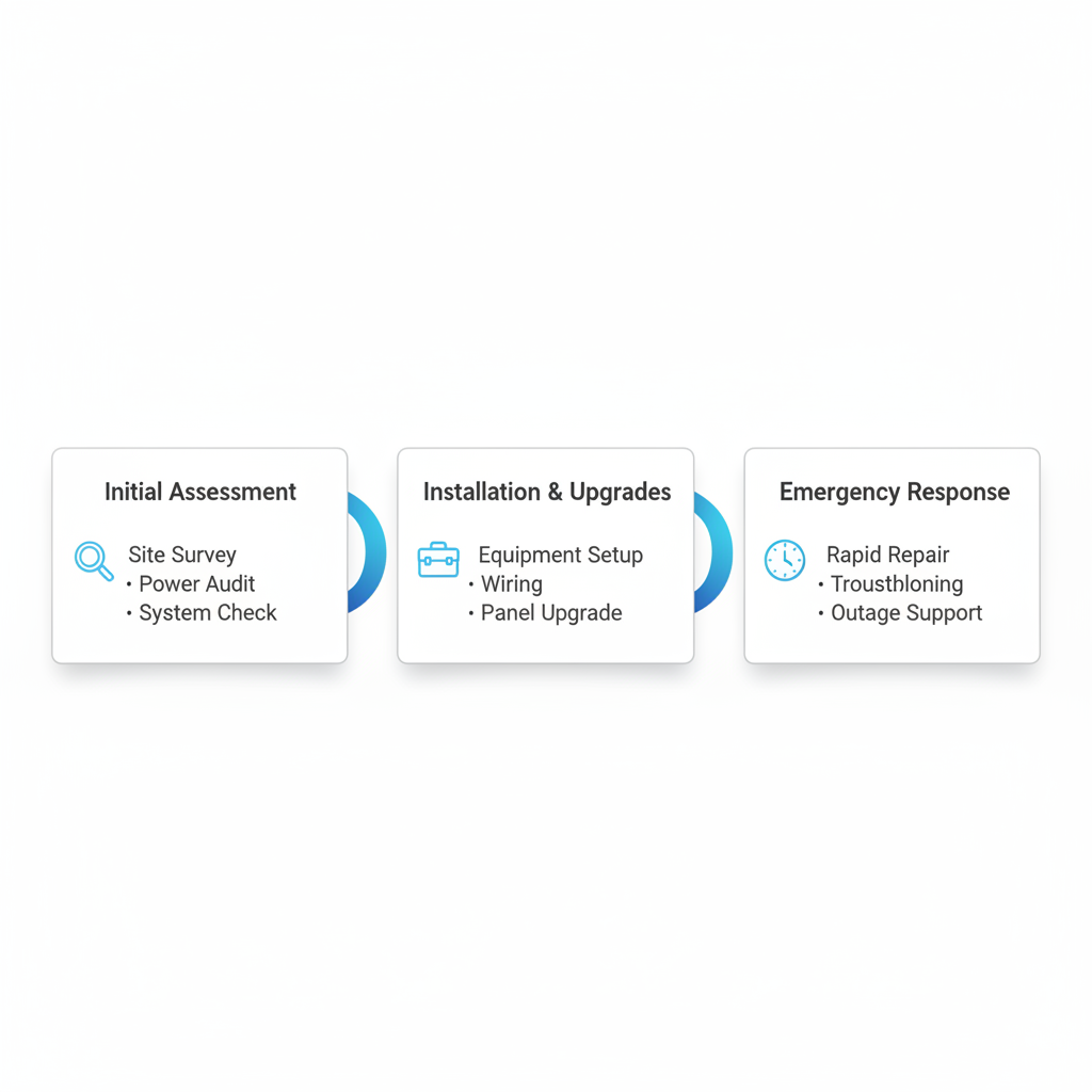 Horizontal process flow diagram of three stages in commercial electrical services: assessment, installation, and emergency response