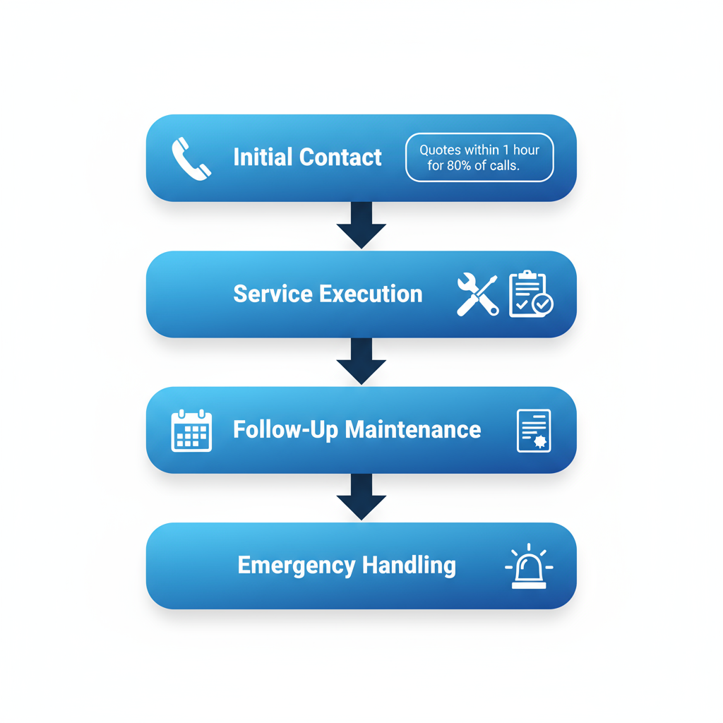 Vertical process flow illustrating the four stages of hiring electrical services: initial contact and assessment, service execution and documentation, follow-up and maintenance, and emergency handling.