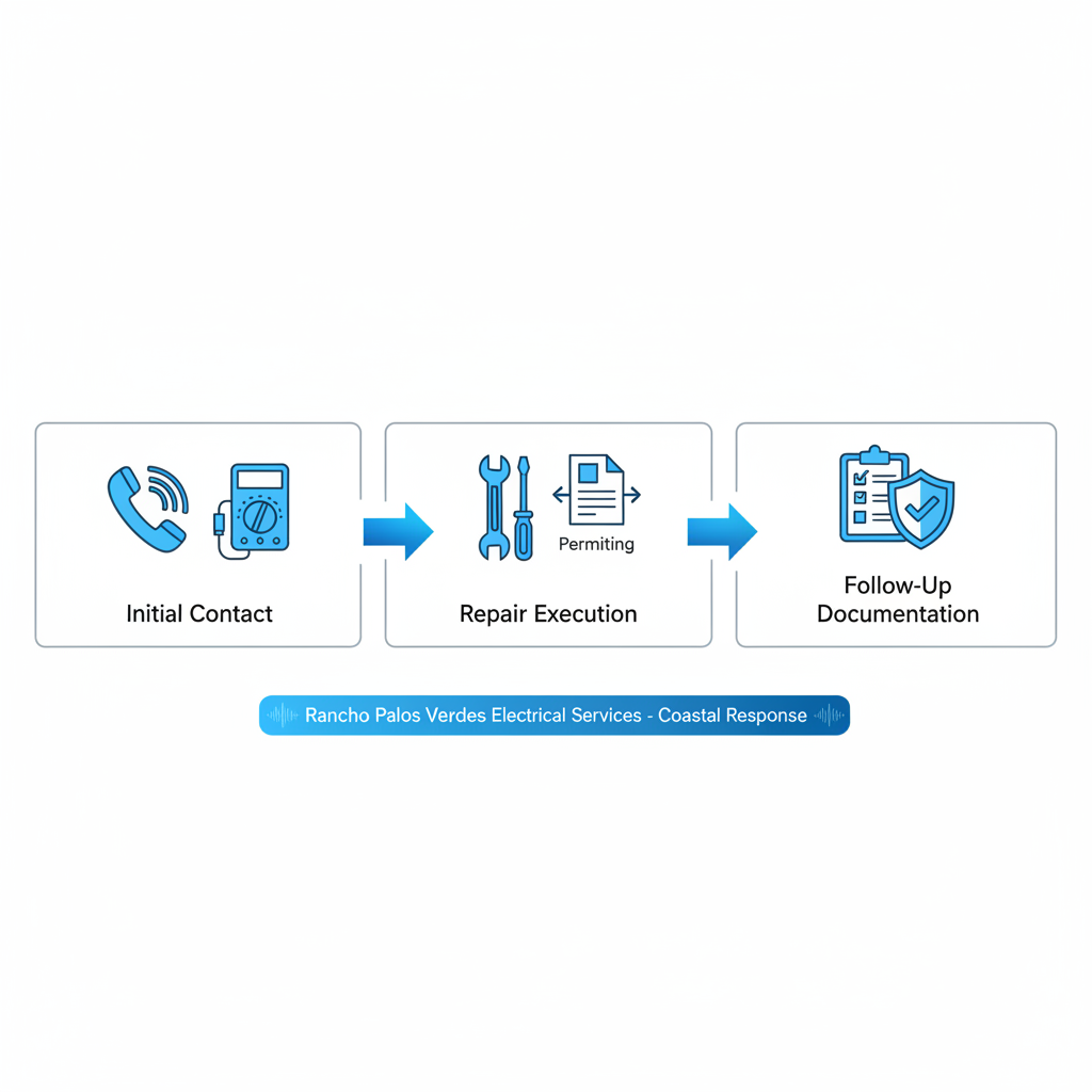 Horizontal process flow diagram illustrating the three key stages of emergency electrical services: initial contact, repair execution, and follow-up documentation