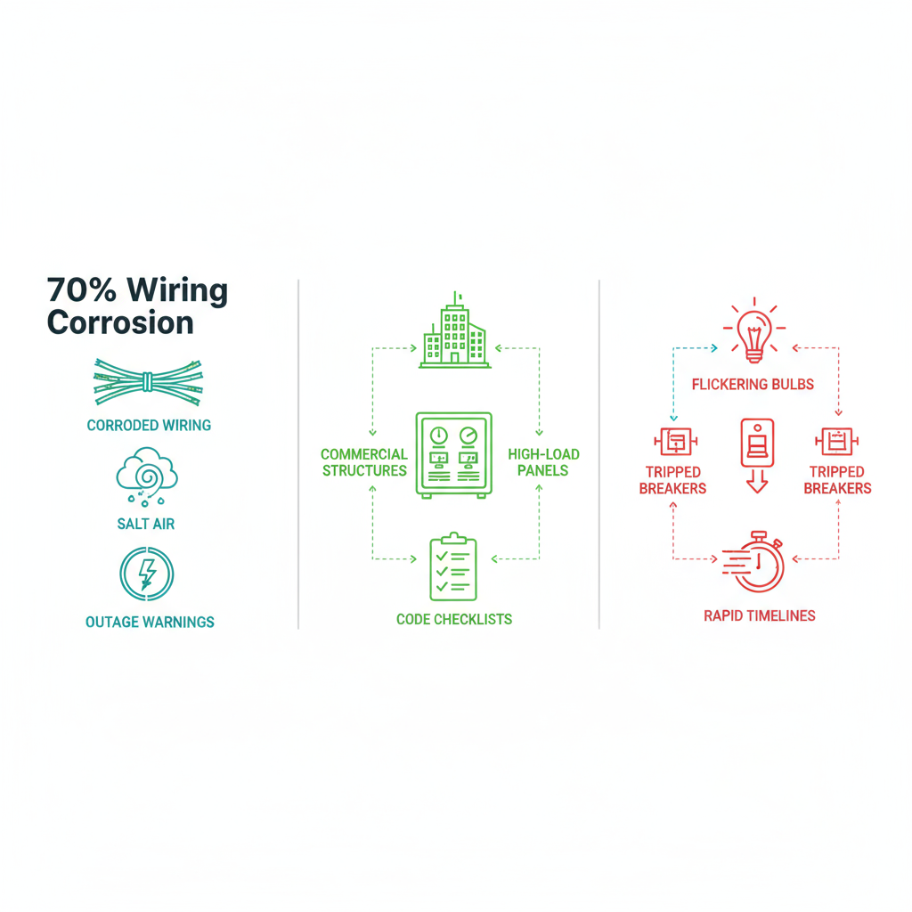 Infographic illustrating common coastal electrical issues, commercial demands, and emergency response essentials