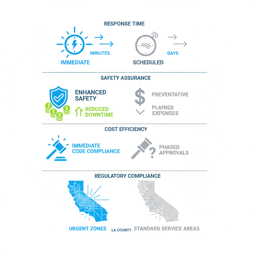 Infographic comparing emergency and standard electrical services in response time, safety assurance, cost efficiency, and compliance