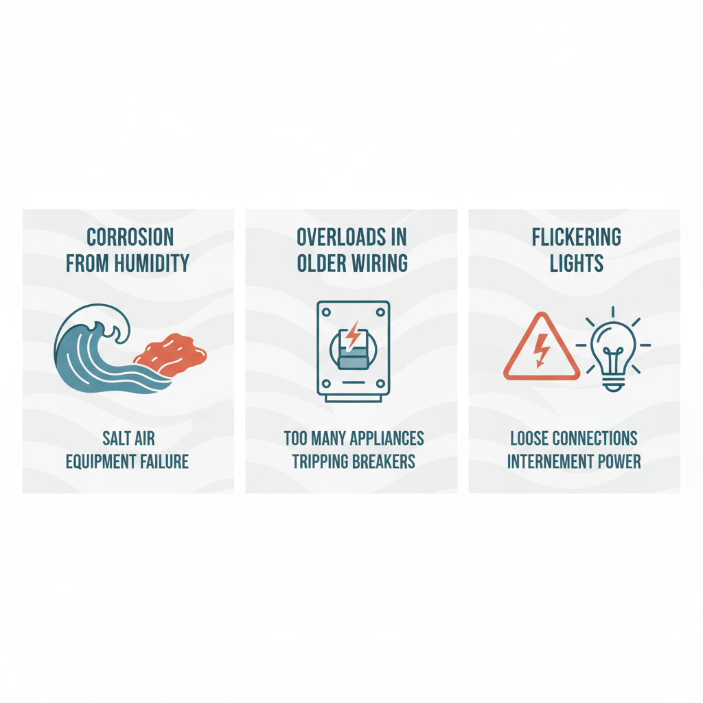 Infographic depicting common electrical problems in coastal homes: humidity corrosion, wiring overloads, and flickering light warnings