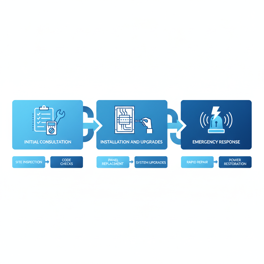 Horizontal process flow diagram of electrical services stages: consultation, installation upgrades, and emergency response.