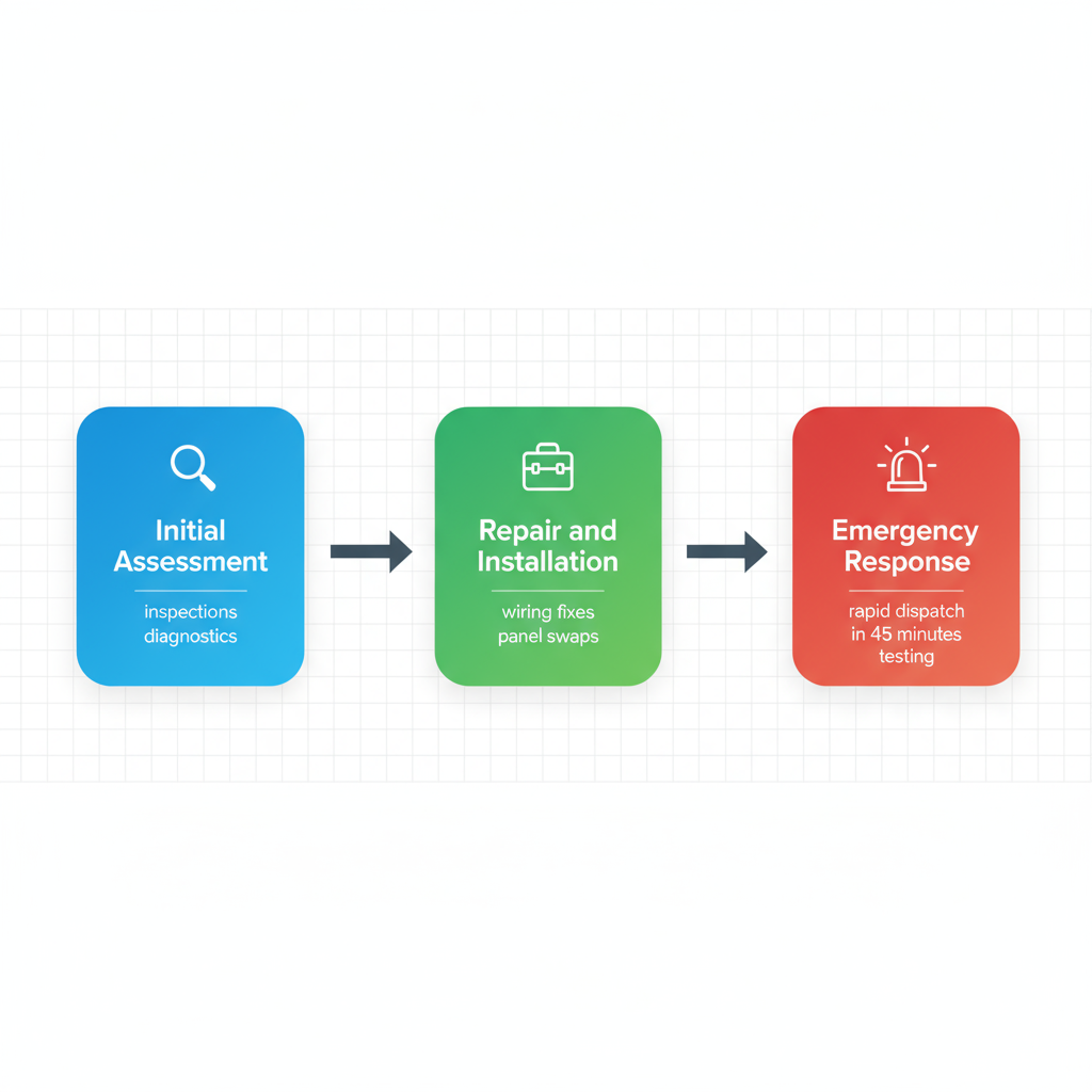 Horizontal process flow diagram illustrating stages of electrical repairs and upgrades: assessment, installation, and emergency response
