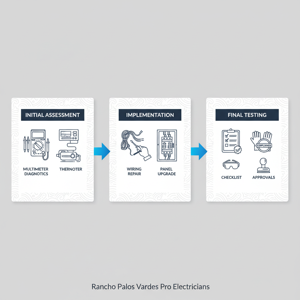 Horizontal process flow diagram illustrating three stages of electrical services: assessment, implementation, and testing