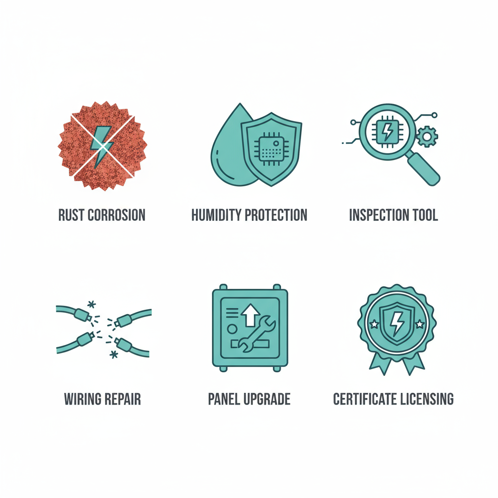 Grid of six flat teal icons depicting corrosion check, humidity protection, inspection tool, wiring repair, panel upgrade, and licensing badge for electrical services.