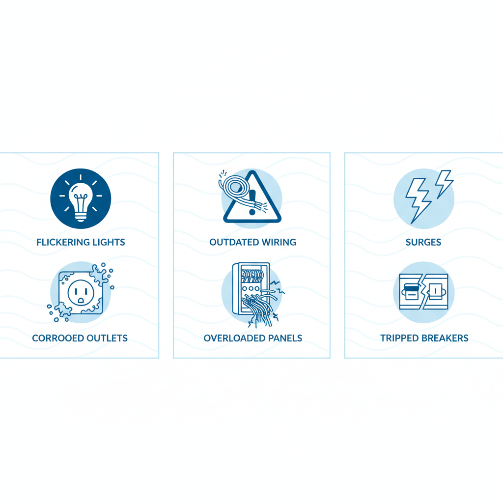 Infographic illustrating common electrical problems in Hermosa Beach homes including flickering lights, outdated wiring, and power surges
