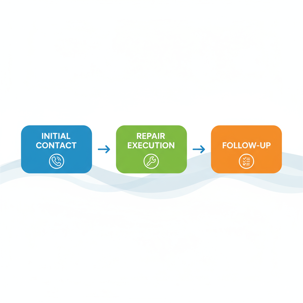 Horizontal process flow diagram of three-stage emergency electrical response with icons and coastal background elements