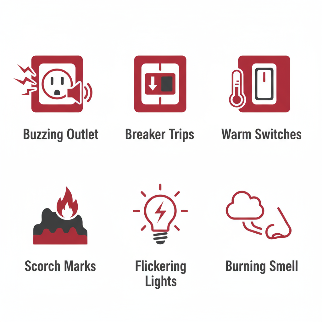 Grid of six icons illustrating common electrical emergency signs: buzzing outlet, breaker trips, warm switches, scorch marks, flickering lights, and burning smell.