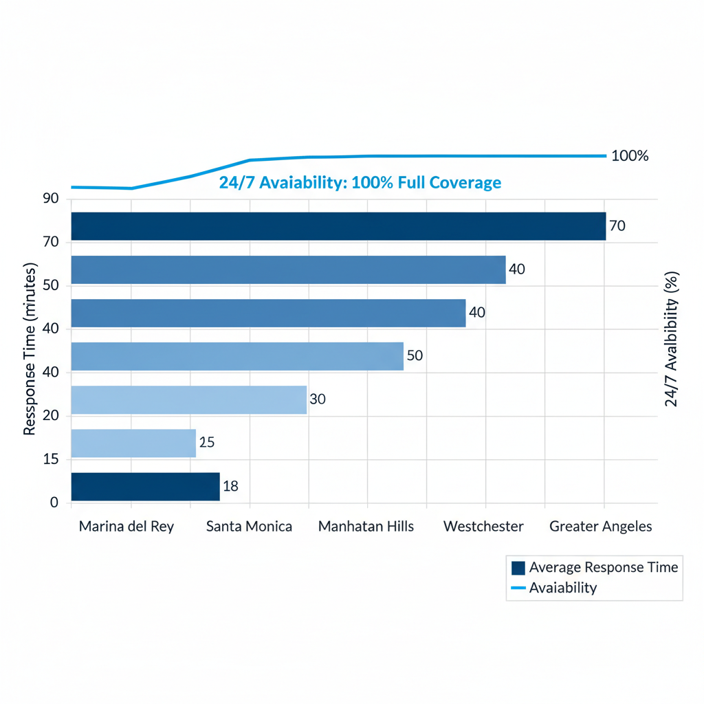 Horizontal bar chart comparing emergency electrical response times in Marina del Rey and Los Angeles neighborhoods, with 24/7 availability line overlay.