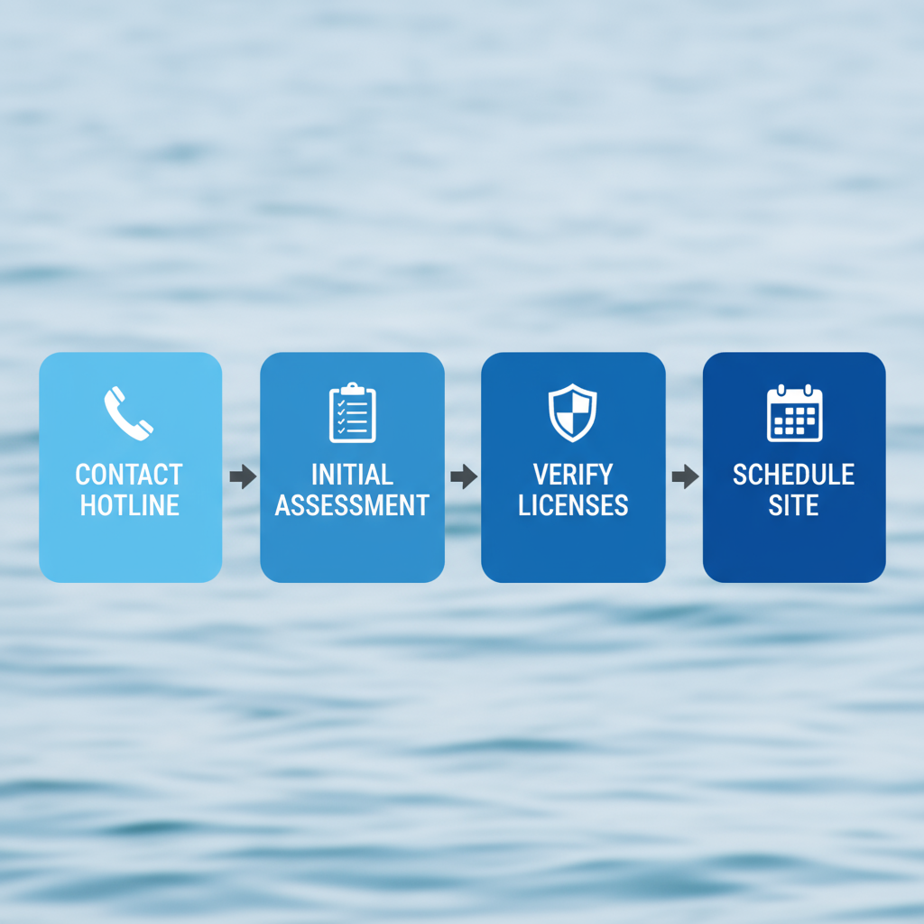 Horizontal process flow diagram showing steps to hire an emergency electrician in Marina del Rey with icons for contact, assessment, verification, and scheduling