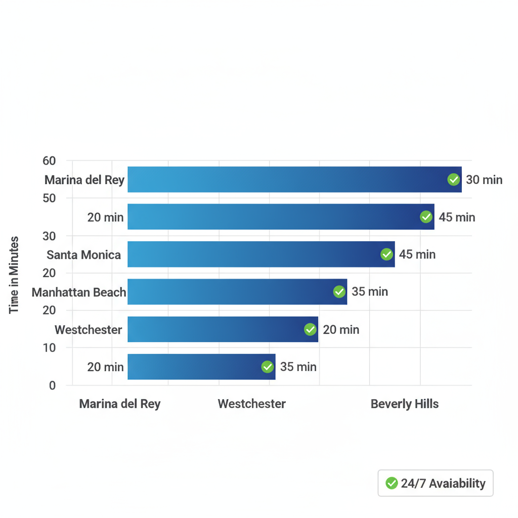 Horizontal bar chart of emergency electrician response times in Los Angeles areas including Marina del Rey.