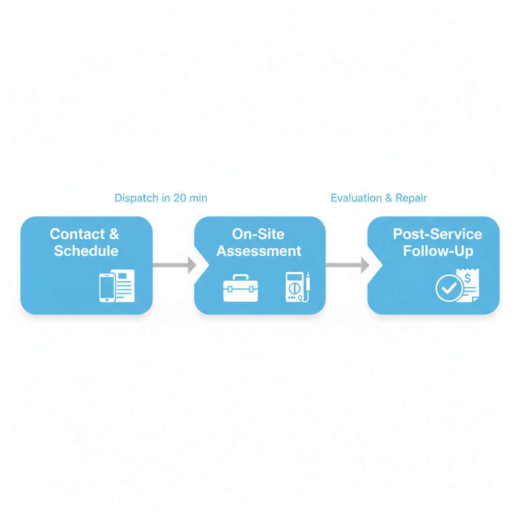 Horizontal process flow diagram illustrating the three stages of emergency electrical service in Marina del Rey: contacting and scheduling, on-site assessment and repair, post-service follow-up.