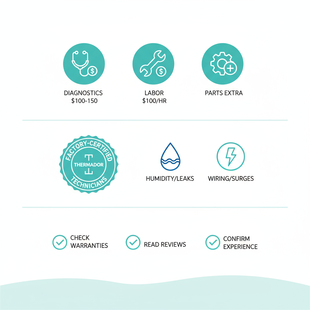 Infographic illustrating key factors for Thermador appliance repairs in Los Altos Hills, covering costs, certifications, issues, and tips
