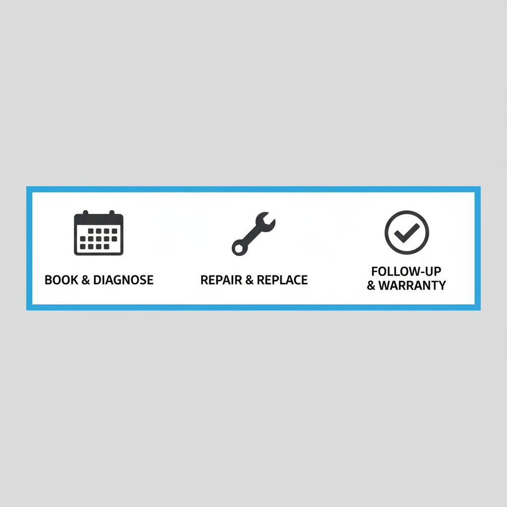 Horizontal process flow diagram of three stages for Thermador appliance repair service in Atherton, including booking, repair, and follow-up.