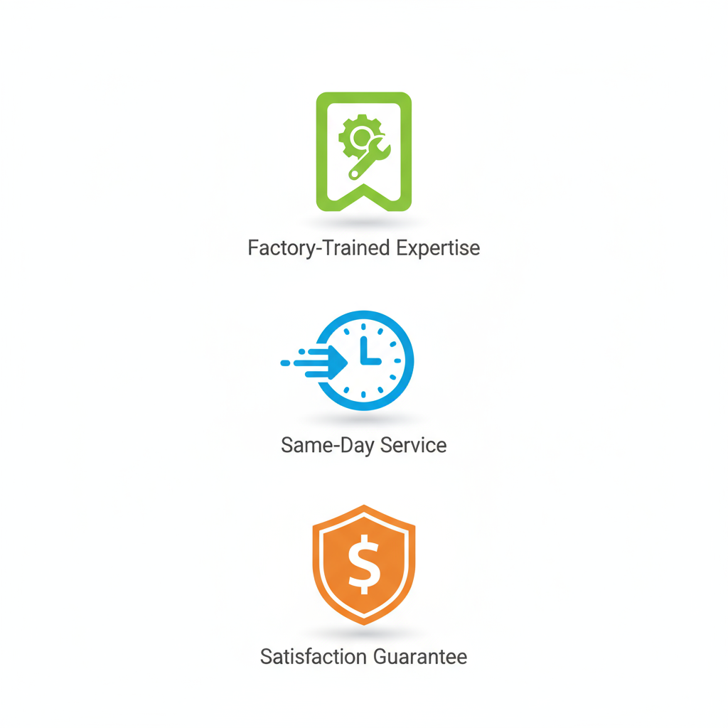 Vertical stack of icons depicting benefits of authorized Thermador repair: expertise badge, fast service clock, and savings shield.