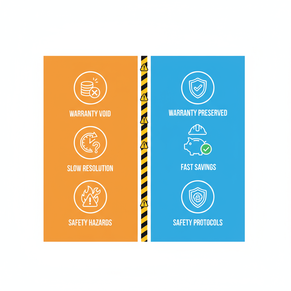 Infographic comparing risks of DIY Thermador repairs to benefits of professional authorized services
