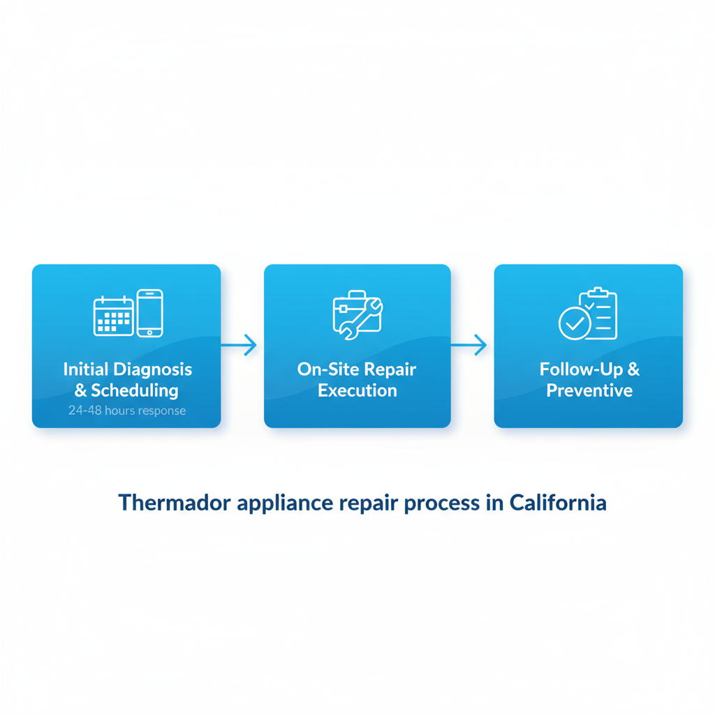 Horizontal process flow diagram of Thermador appliance repair steps: diagnosis, on-site repair, and follow-up.
