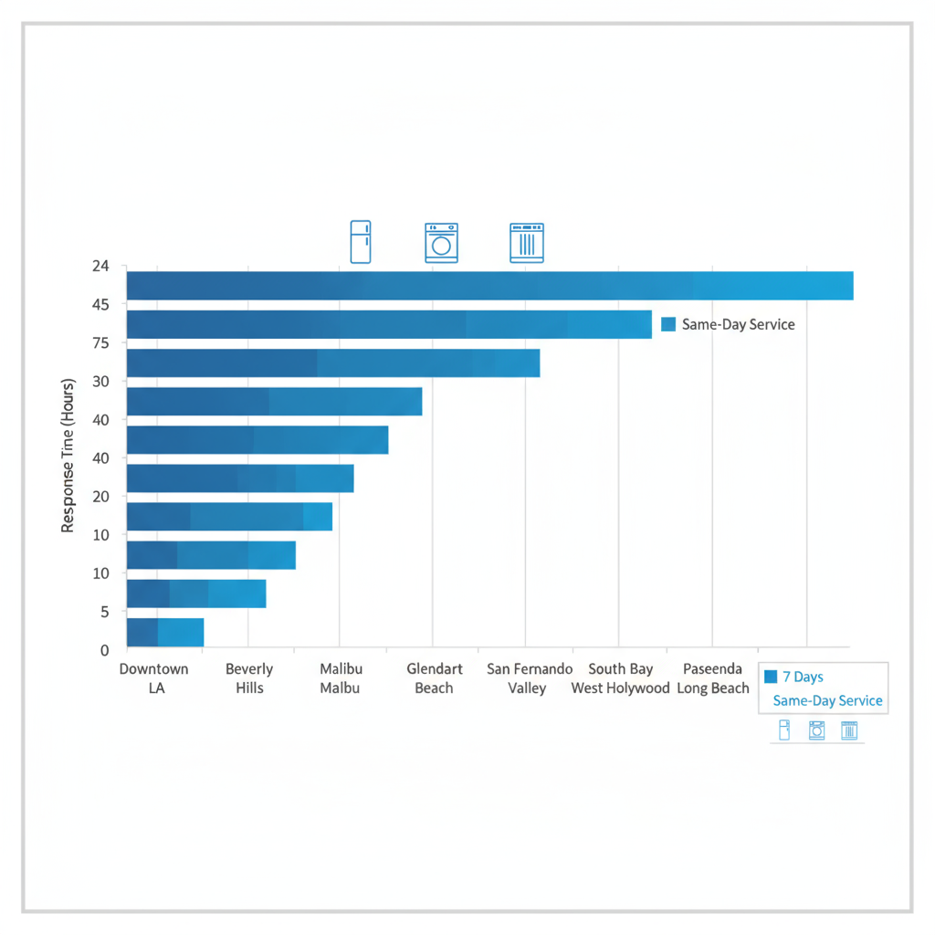 Horizontal bar chart comparing Thermador repair response times, service availability, and specialization across Los Angeles neighborhoods