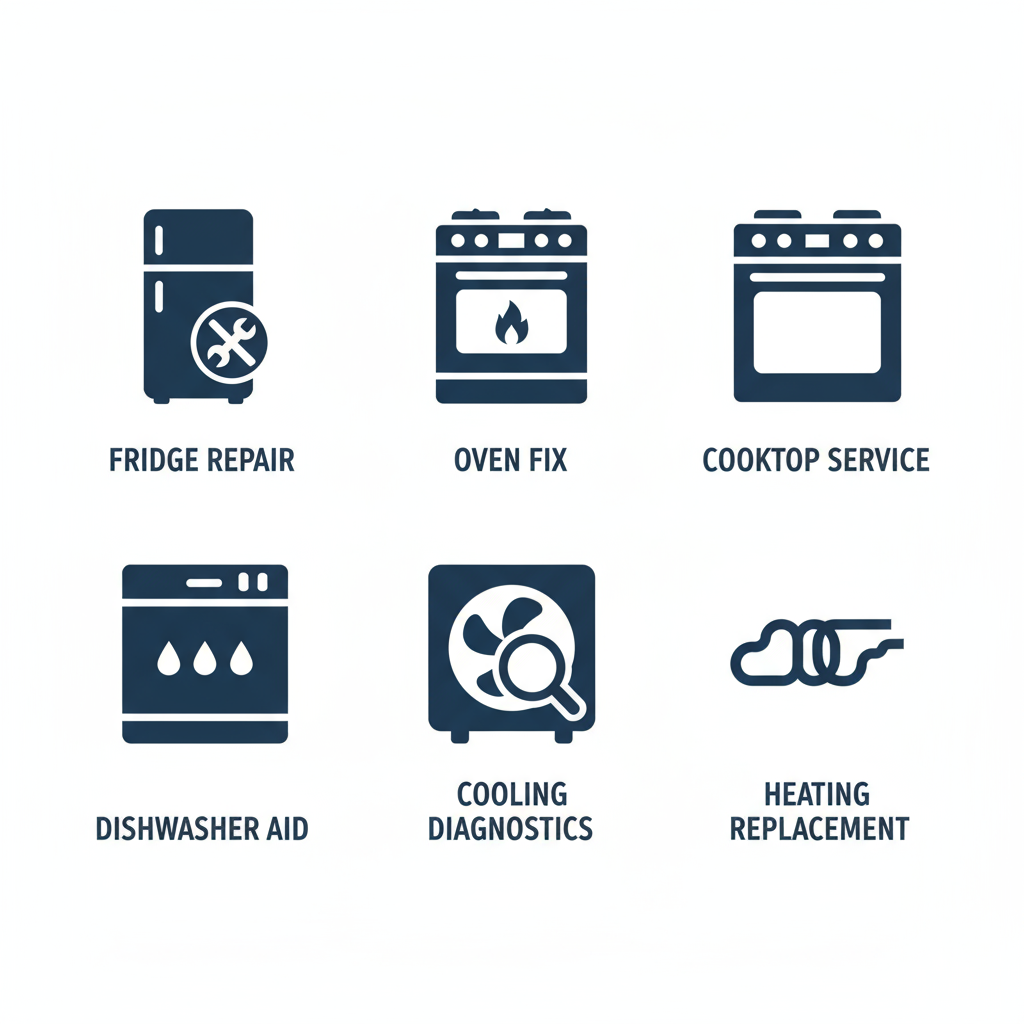 Grid of icons illustrating key Thermador appliance repair services: refrigerator, oven, cooktop, dishwasher, compressor, and heating element.