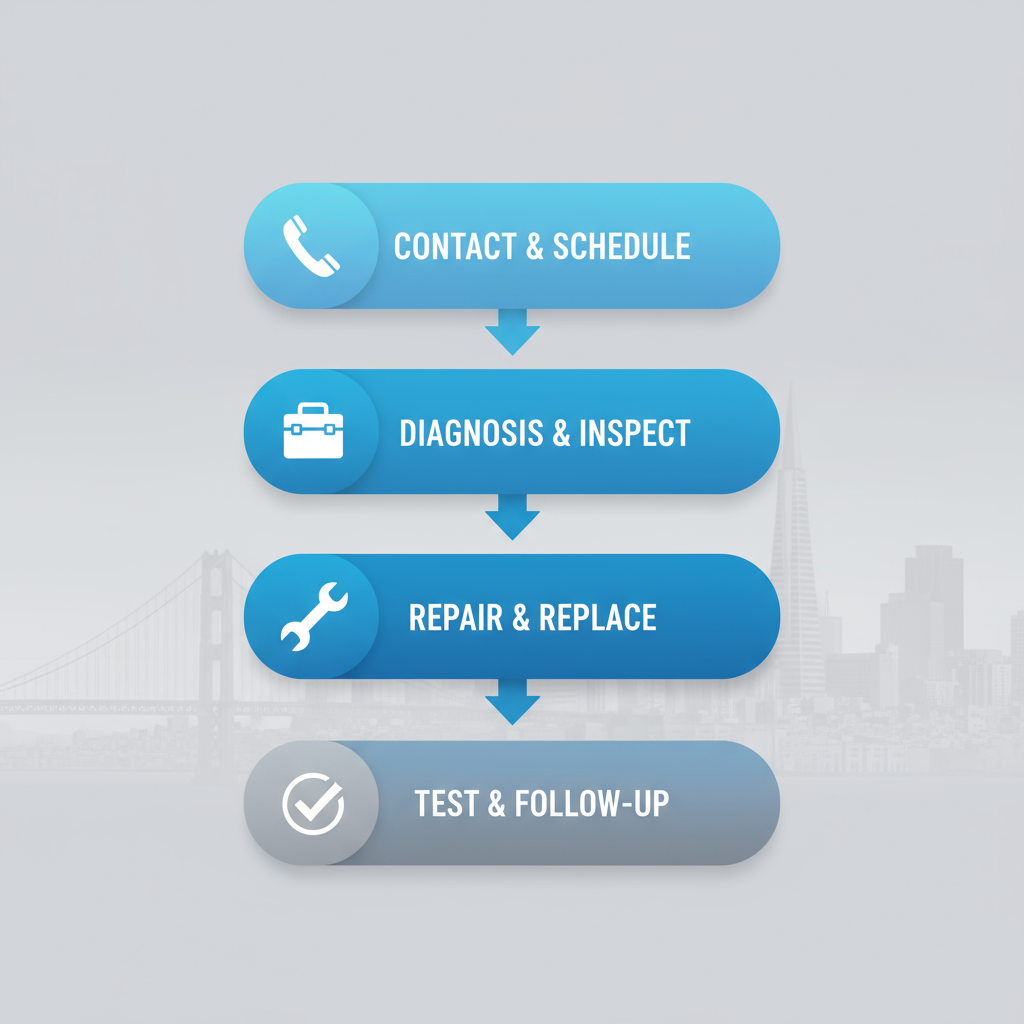 Vertical process flow diagram of Thermador appliance repair stages from contact to follow-up