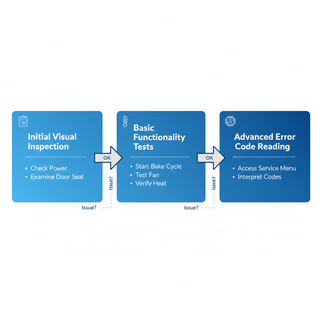 Horizontal process flow diagram illustrating three diagnostic steps for Thermador oven issues: visual inspection, functionality tests, and error code reading