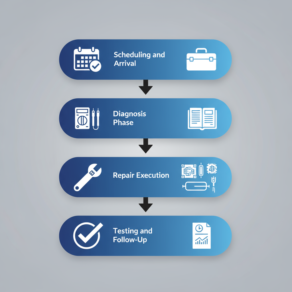 Vertical flowchart illustrating the four stages of Thermador oven repair process from scheduling to follow-up.