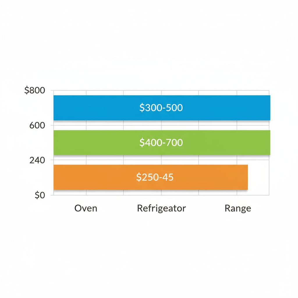 Horizontal bar chart showing average repair cost ranges for Thermador ovens ($300-500), refrigerators ($400-700), and ranges ($250-450) in California