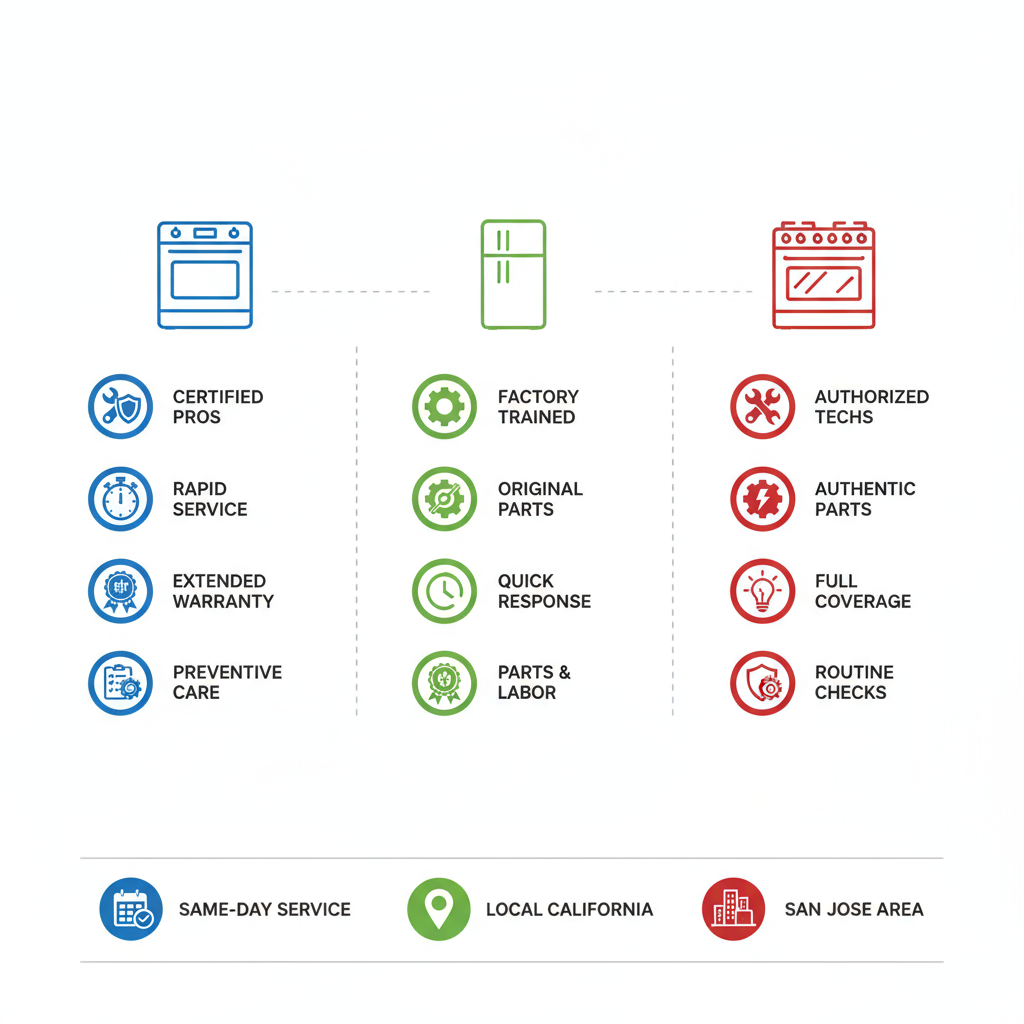 Infographic comparing Thermador repair features for ovens, refrigerators, and ranges in California