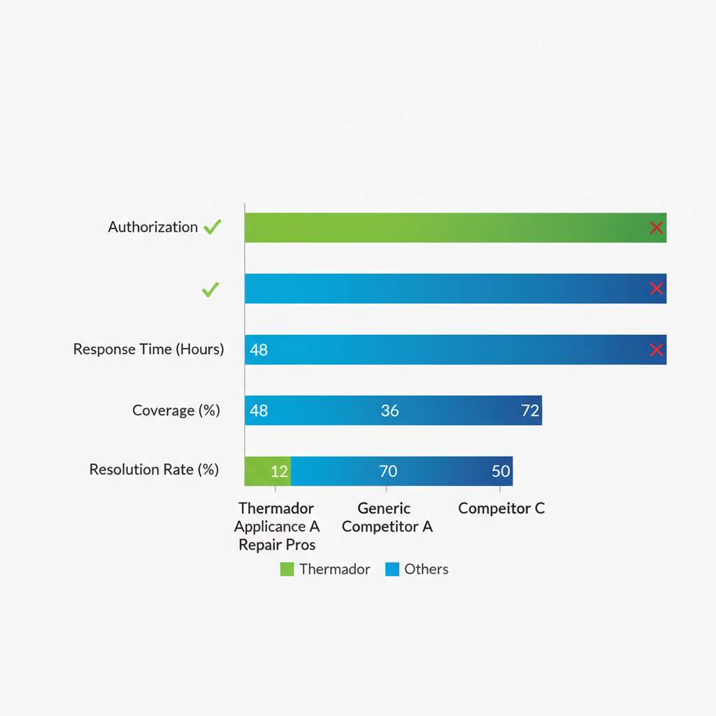 Horizontal bar chart comparing Thermador appliance repair providers in San Jose by authorization, response time, coverage, and resolution rate