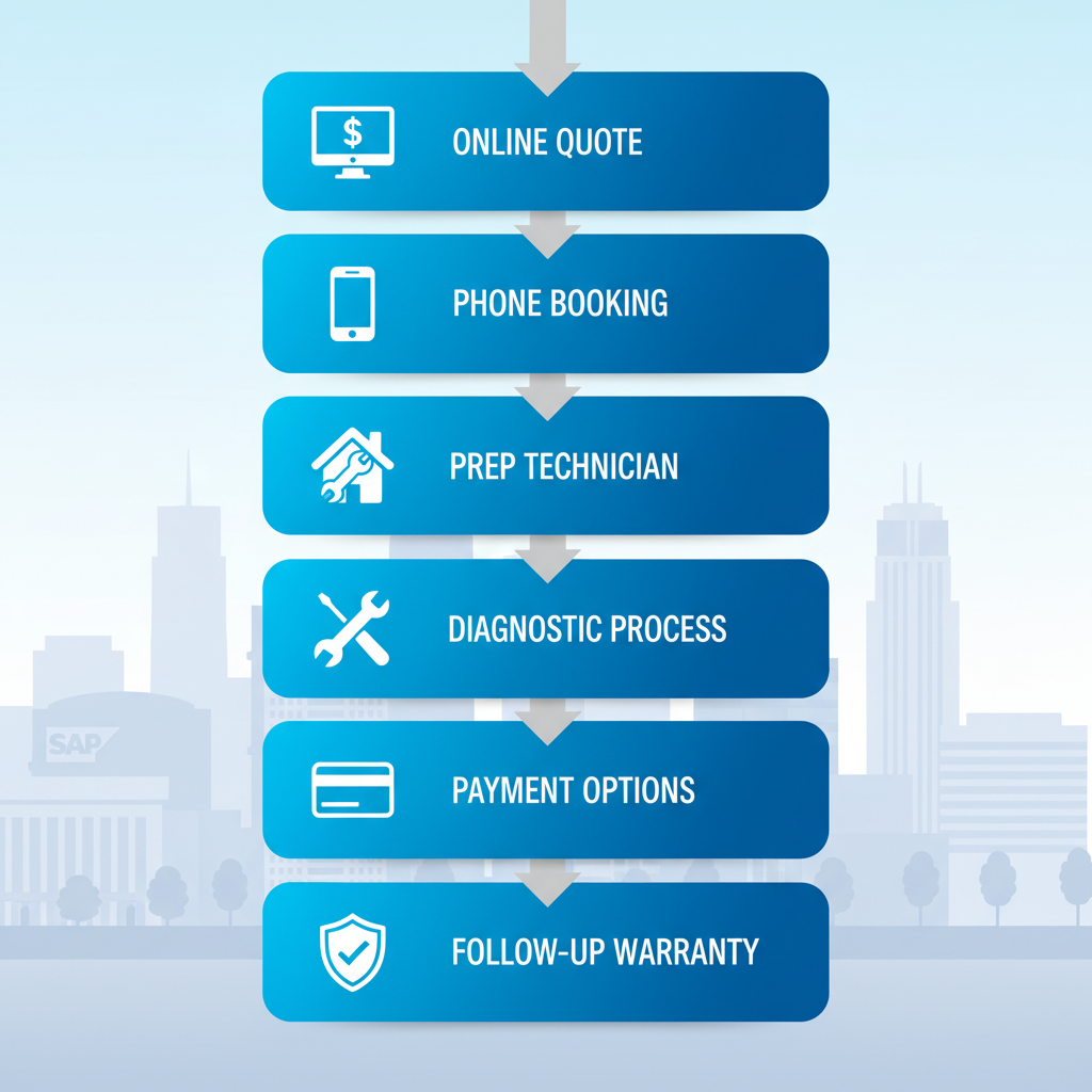 Vertical process flow diagram showing steps to arrange Thermador oven repair in San Jose with icons and labels