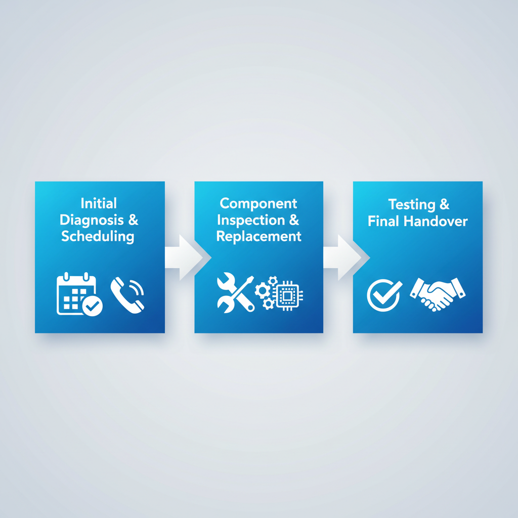 Horizontal diagram illustrating the three stages of Thermador oven repair process from diagnosis to handover