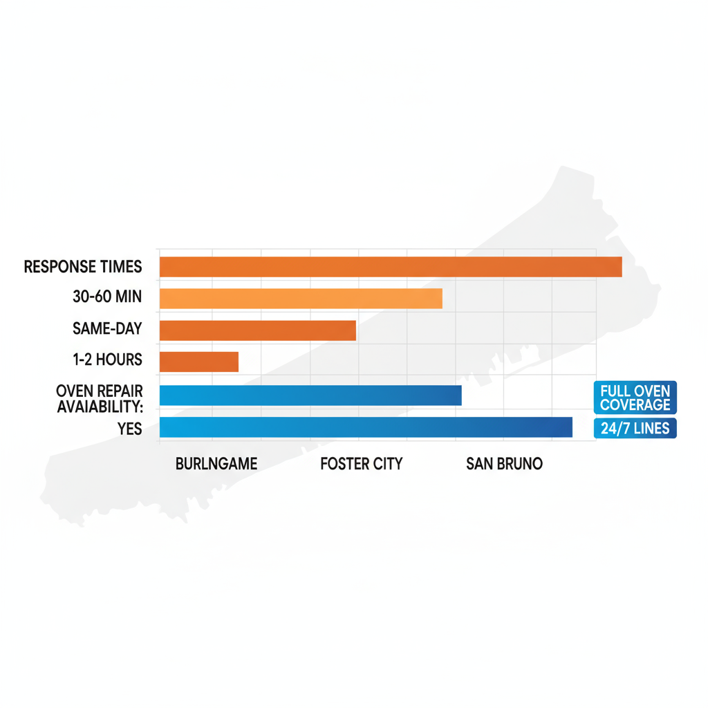 Horizontal bar chart comparing Thermador service response times and oven repair availability across San Mateo neighborhoods: Burlingame, Foster City, San Bruno.