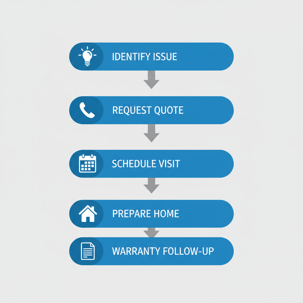 Vertical process flow diagram illustrating the steps to start Thermador appliance repair in San Mateo
