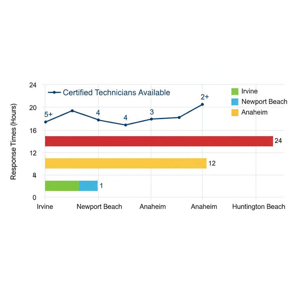 Horizontal bar chart of Thermador appliance repair response times in Orange County cities including Irvine, Newport Beach, Anaheim, and Huntington Beach