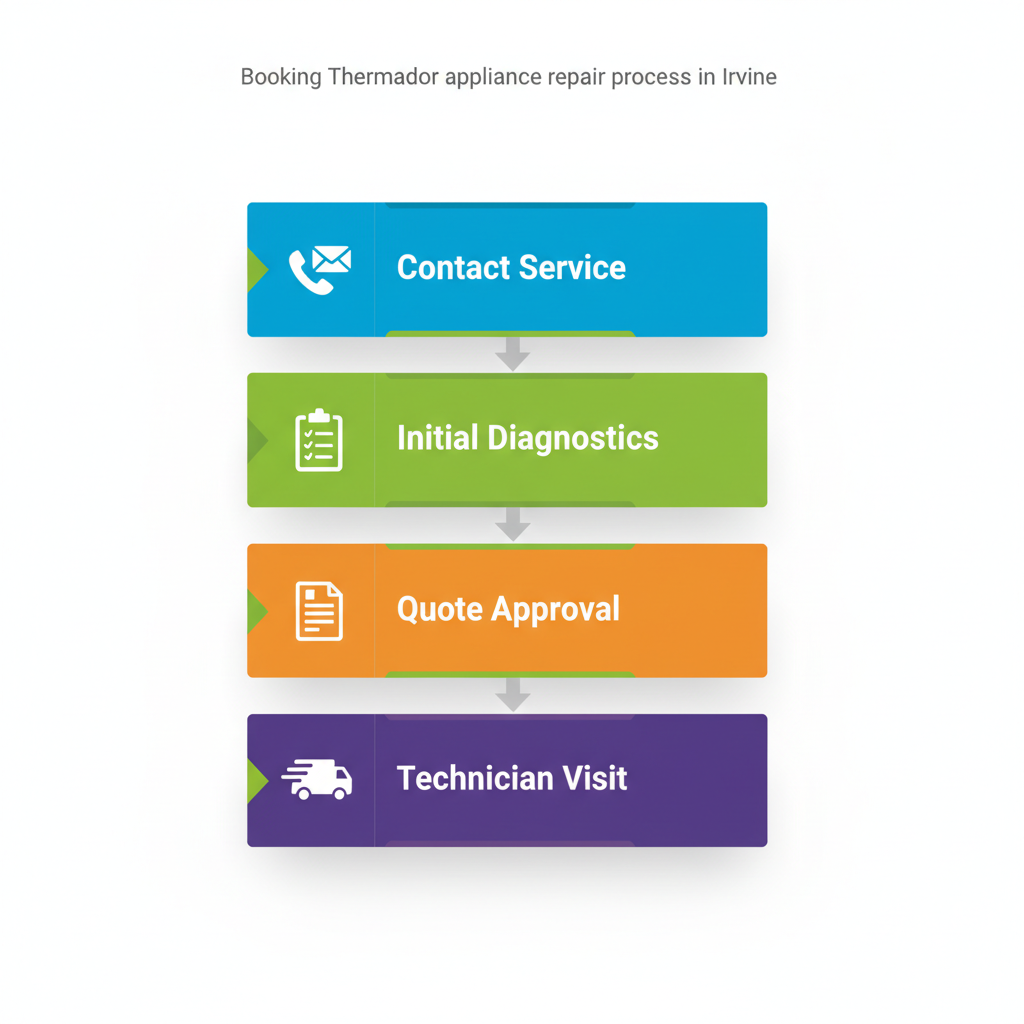 Step-by-step process flow diagram for booking Thermador appliance repair in Irvine CA