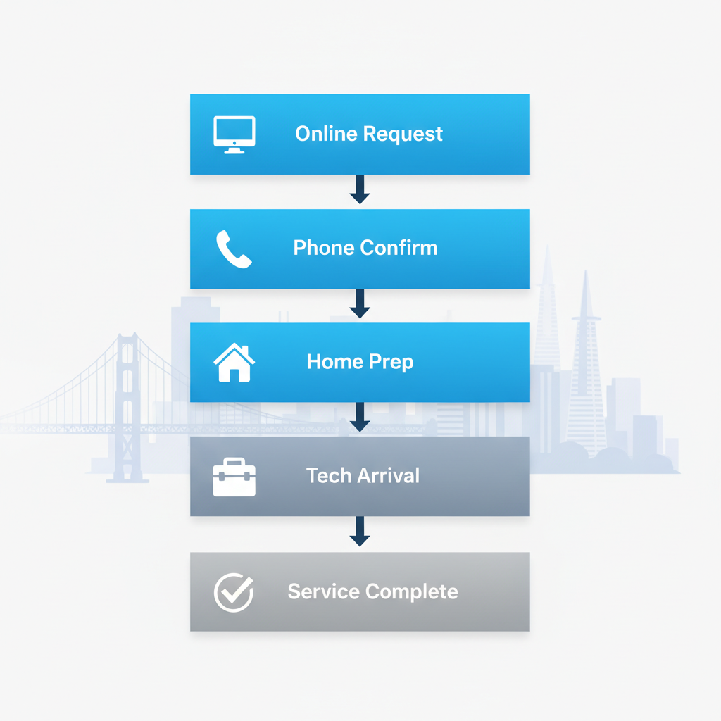 Process flow diagram illustrating the steps to schedule Thermador appliance repair service in San Francisco