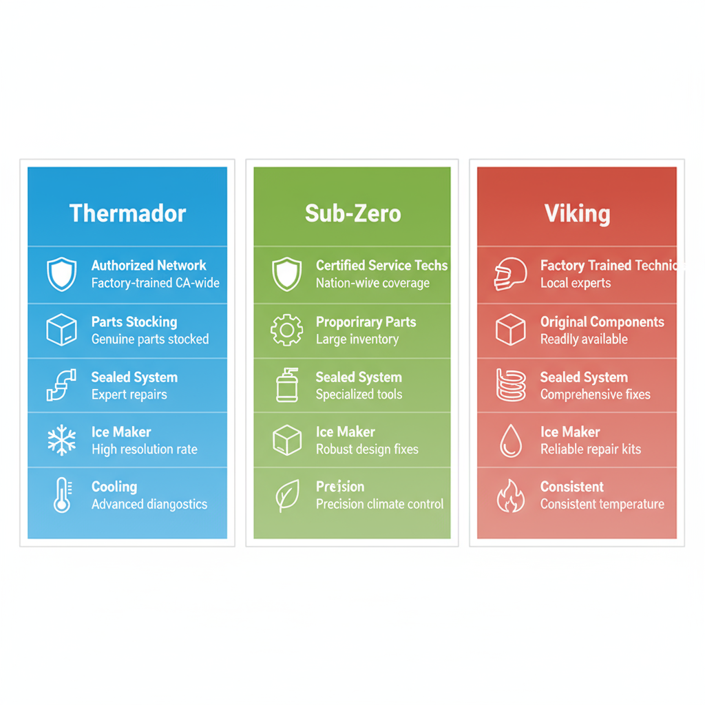Infographic comparing key repair features of Thermador, Sub-Zero, and Viking refrigerators with icons and brief labels