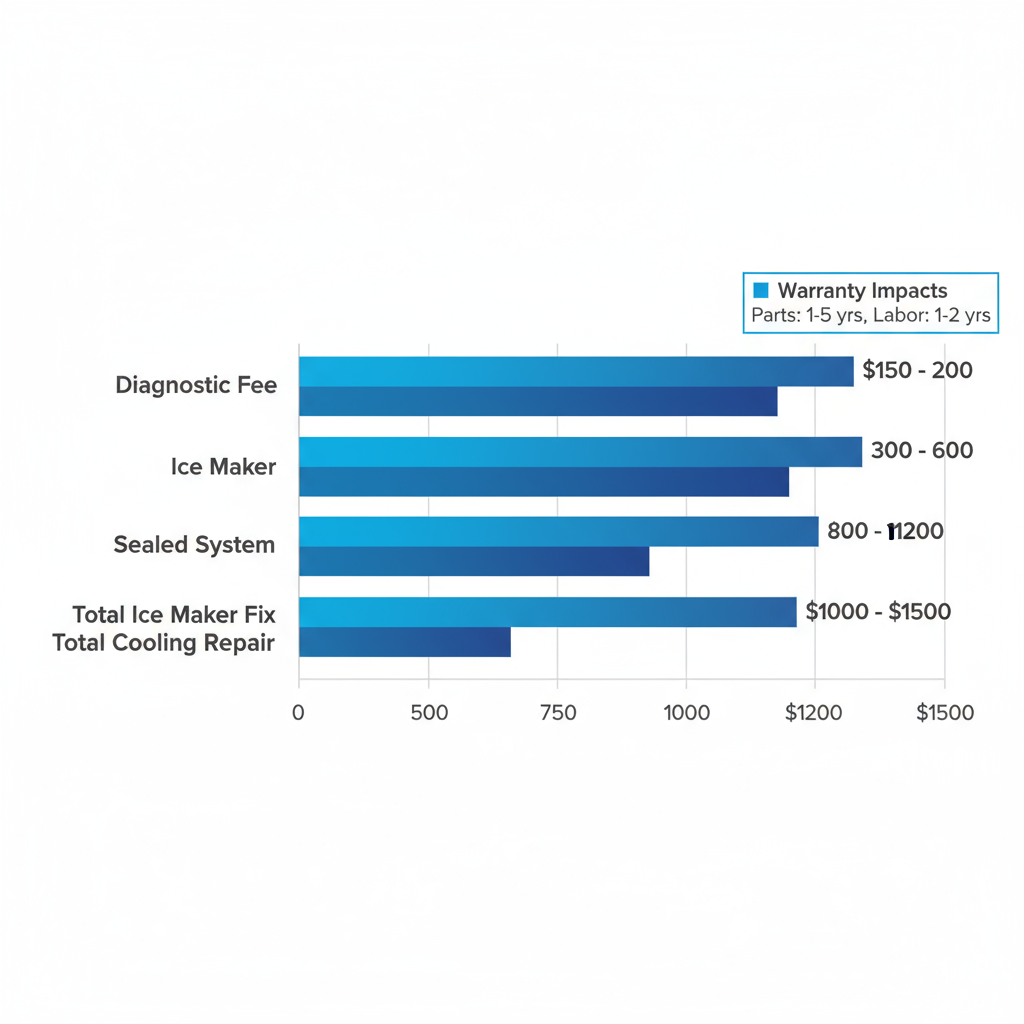 Horizontal bar chart displaying cost ranges for Thermador refrigerator repair types including diagnostic, labor, and component replacements