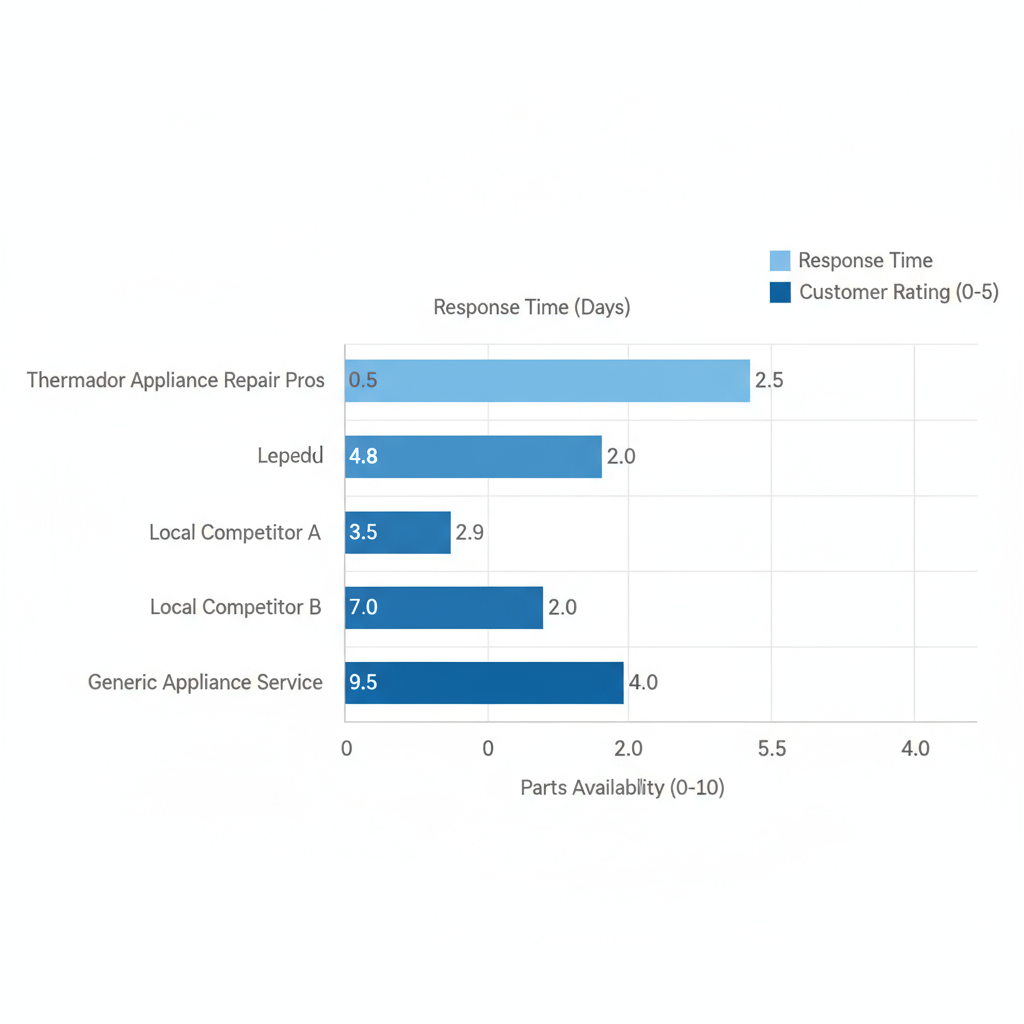 Horizontal bar chart comparing Thermador appliance repair providers in Glendale by response time, customer ratings, and parts availability